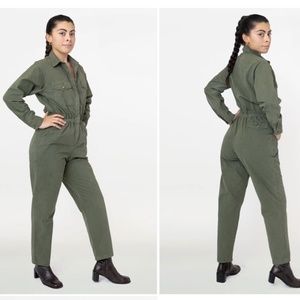 Cotton Poplin Utility Jumpsuit Army Colorway | Dimensions in description